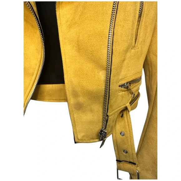 Zara Mustard Yellow Faux Suede Moto Biker Jacket with Silver Details, sz Small - Picture 4 of 6